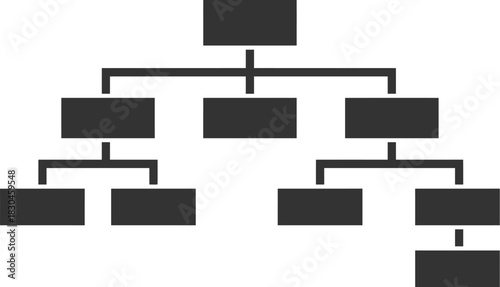 A simple black tree diagram with seven rectangular nodes arranged in a hierarchical structure on transparent background