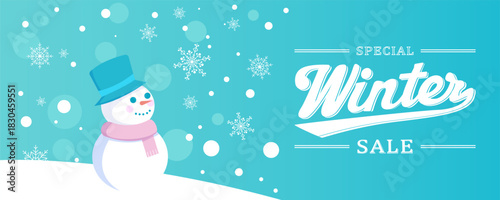 Winter sale banner with snowmen as a background and design. A cute snowman with beautiful falling snowflakes on a blue background with the caption "Special Winter Sale." Vector illustration.