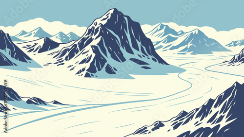 A snowy mountain range with a winding valley and clouds in a stylized illustration style scene view