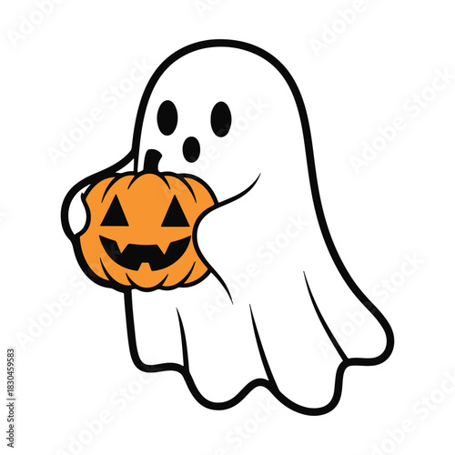 Cute white ghost holding an orange pumpkin jack o lantern smile vector illustration.