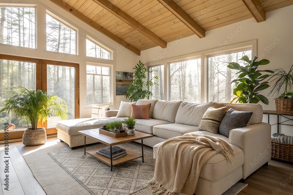 Naklejka premium Living room with a white couch and a coffee table