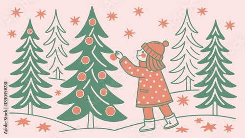 Child decorating christmas tree in snowy forest with falling snowflakes