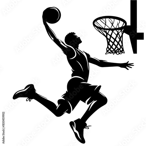 Black & white vector silhouette of basket ball player on white background