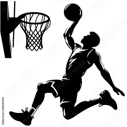 Black & white vector silhouette of basket ball player on white background