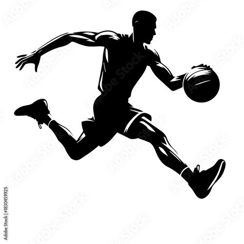 Black & white vector silhouette of basket ball player on white background