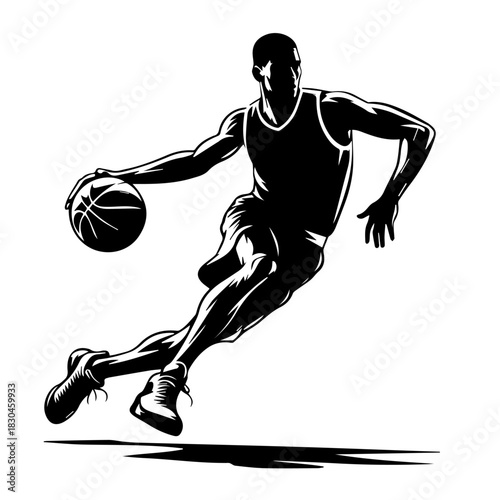 Black & white vector silhouette of basket ball player on white background