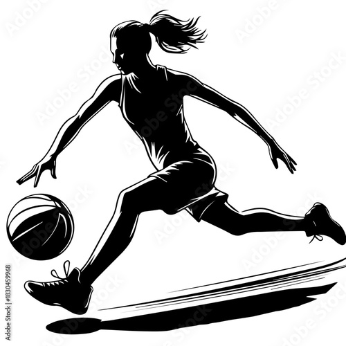 Black & white vector silhouette of basket ball player on white background