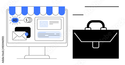 Computer screen with storefront elements, ads, email notifications, and analytics beside a briefcase. Ideal for marketing, business, e-commerce, entrepreneurship, online advertising email campaigns