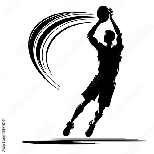 Black & white vector silhouette of basket ball player on white background