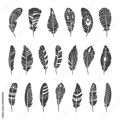 Tribal feathers silhouettes. Black decorative icons, ethnic ornaments, patterned bird plumage element, quills rustic boho design, tattoo design, writing pen classy vector isolated set