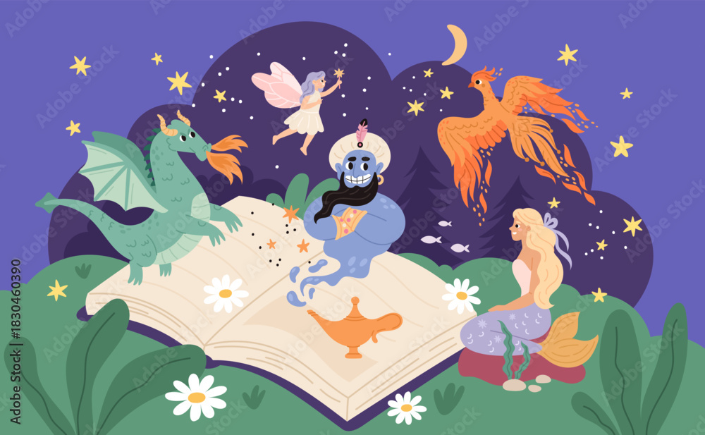 Naklejka premium Fairy tale reading book. Various mythical and fabulous characters, magic creatures, dragon, cute phoenix, mermaid and gin, mythology story, cartoon flat isolated garish vector concept