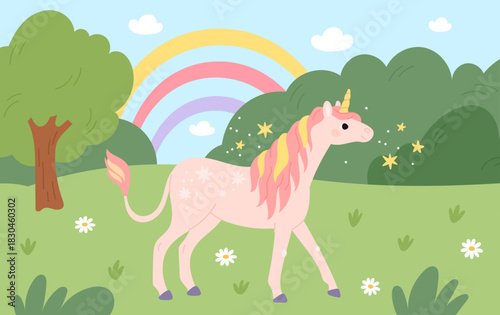 Magical unicorn in clearing. Mythical fairy tale character, fantasy creature, pink horse with horn, fabulous fictional animal, summer landscape cartoon flat isolated garish vector concept