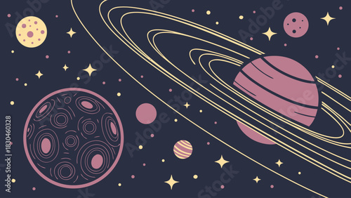 Whimsical hand drawn planets and stars in outer space