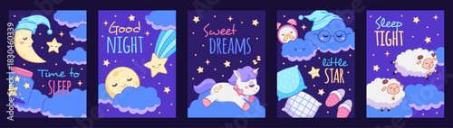 Good night cards. Sweet dreams posters with sleeping elements, cute cartoon characters, moon, stars, unicorn and clouds, print design, bedtime phrases on dark background, tidy vector set