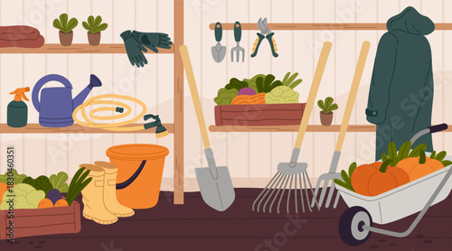 Gardening tools room interior. Storage facility with different farm elements, cartoon rakes, shovels, crates of crops in barn, shelves and vegetable harvest in boxes garish vector concept
