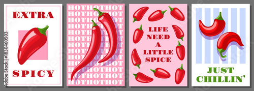 Cartoon pepper cards. Spicy hot vegetables, red chilli, carolina reaper, vegetarian organic food, farm gardening product, meal with burning taste, funny print and posters, classy vector set