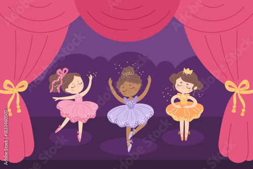 Cartoon ballerinas perform on stage. Little girls in pointe shoes and tutus, cute kids dance, theater curtains, childish choreographic performance, children artistic show garish vector concept