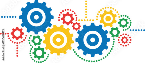 Colorful interlocking gears in a decorative arrangement representing teamwork and progress on transparent background