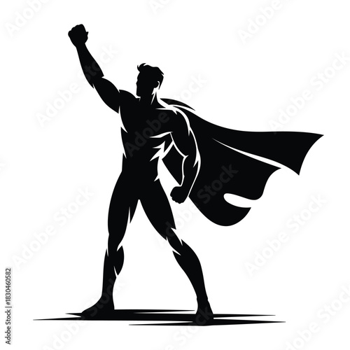Silhouette of a powerful superhero with cape raised in victory