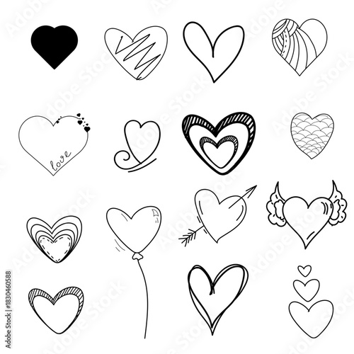 Hearts of different shapes, black and white sketch, simple drawing. vector illustration. A set of hearts is isolated on a white background. Wedding theme, birthday, Valentine's day, fabric design