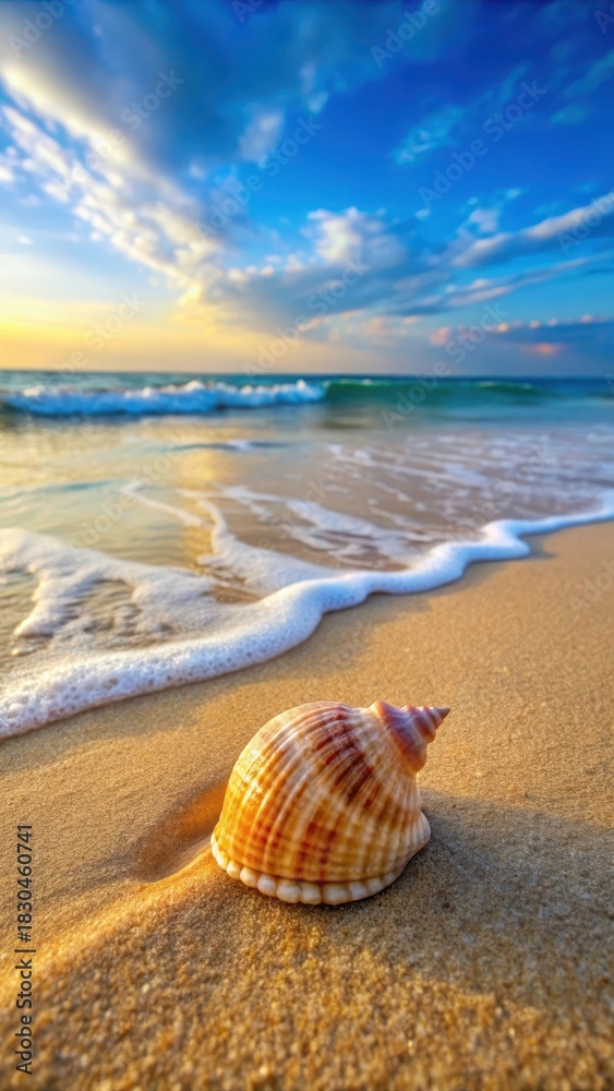 Obraz premium Seashell resting on the sandy beach with waves gently lapping at its base
