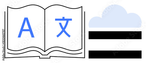 Open book showing multilingual characters next to a cloud icon with horizontal lines. Ideal for language learning, education, digital libraries, cloud storage, translation, e-learning, modern