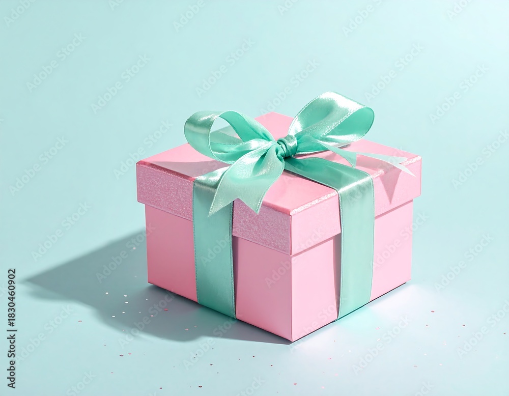 Fototapeta premium Pink gift box with turquoise ribbon on a light blue background