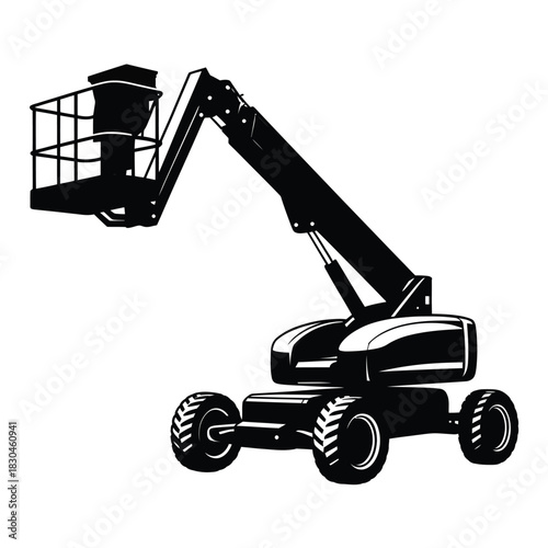 Artistic black and white illustration of a boom lift