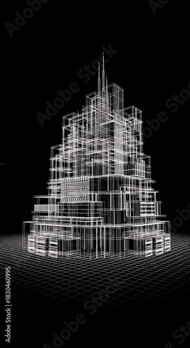 Architectural blueprint of a complex building structure on black background