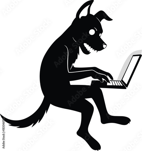 Humanoid wolf silhouette typing on laptop, cyber activity concept, internet anonymity theme, cad drawing flat vector illustration