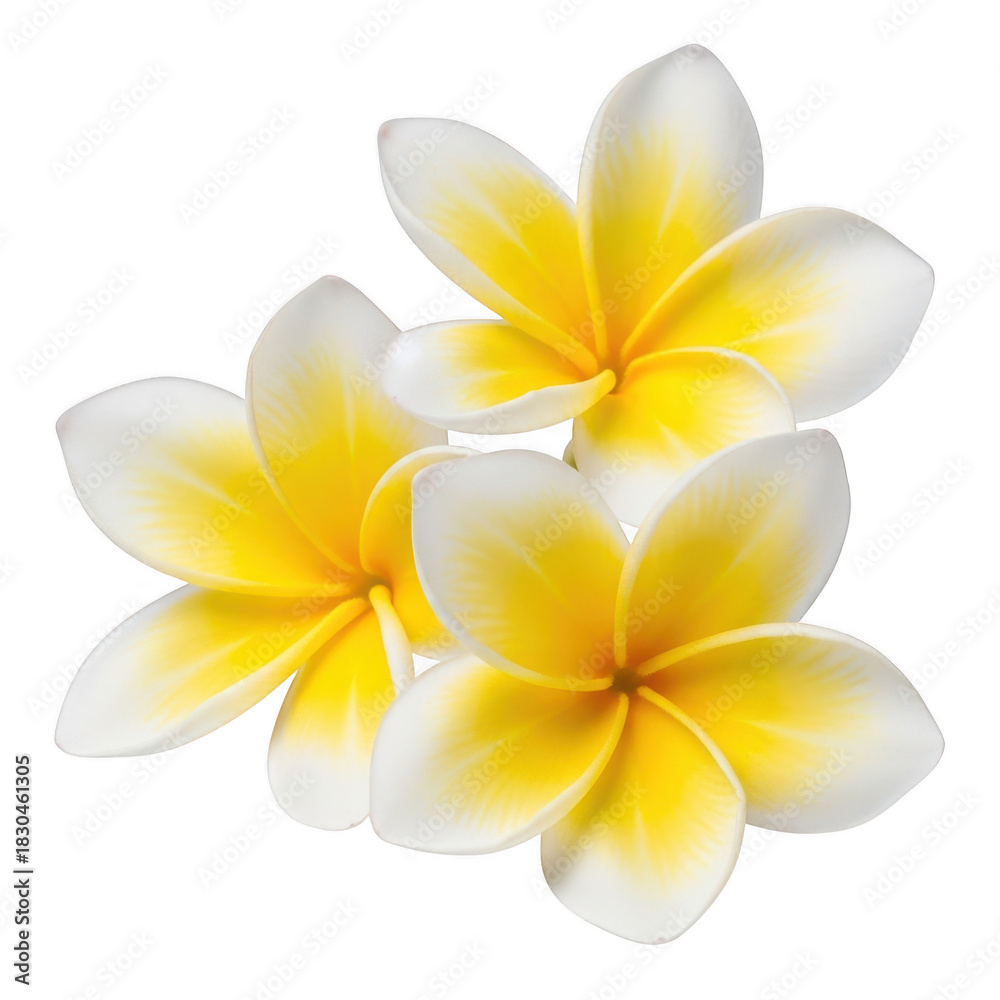 Naklejka premium Three vibrant white and yellow plumeria flowers, tropical elegance, summer design element.