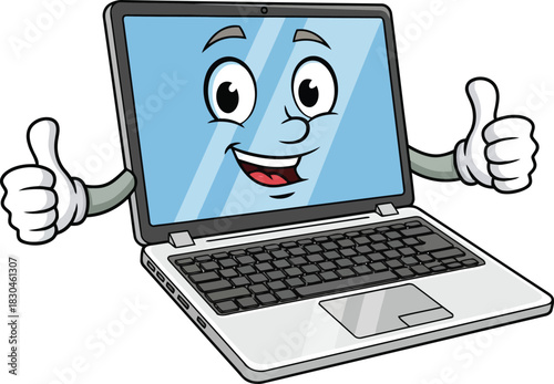 Cartoon laptop with happy face and thumbs up computer