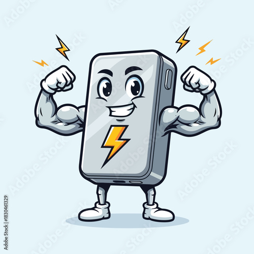 Cartoon power bank flexing muscular arms with lightning bolts