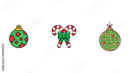 Premium Christmas Ornaments Set – Cute Vector Icons – on Transparent Background Illustration. Bright and cute Christmas ornament trio with bold festive colors, ideal for stickers, cards, packaging