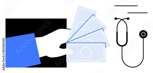 Hand offering cash alongside a stethoscope highlighting healthcare expenses, payments, and economic burdens. Ideal for healthcare, finance, insurance, medicine, expenses, decisions investment