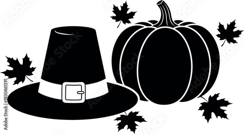 Thanksgiving pilgrim hat, pumpkin, fall leaves silhouette graphic
