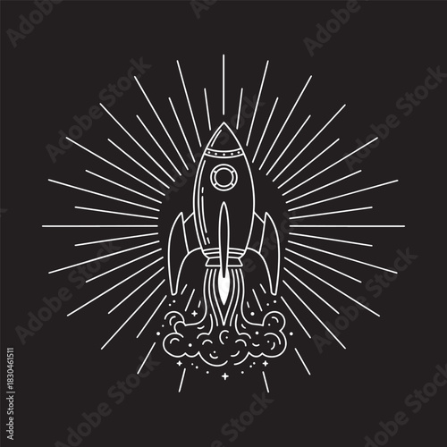 Vintage line art rocket ship launch with starburst and clouds vector illustration.