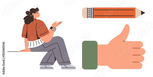 Woman seated, gesturing thoughtfully with accompanying pencil and thumbs-up sign. Ideal for creativity, feedback, self-expression, motivation, brainstorming, communication positive mindset. Simple
