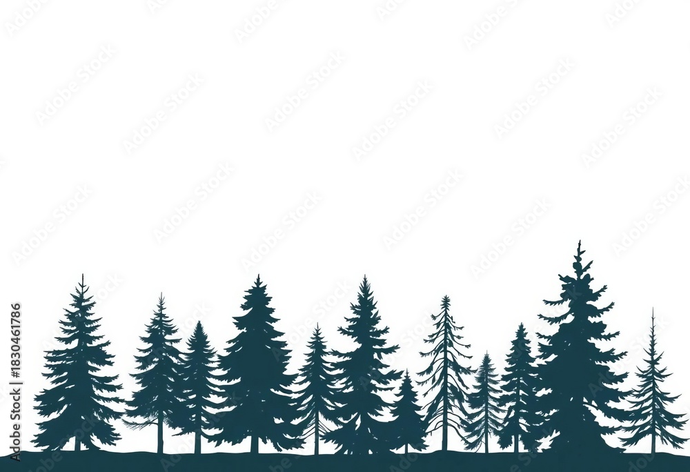 Obraz premium Silhouette of pine, spruce, and fir trees against a white background Ideal for winter or Christmas designs, design element, winter