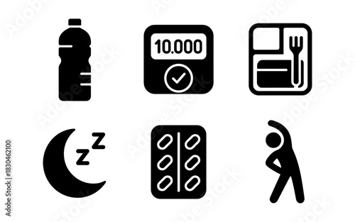 Wellness icons: hydration, fitness, nutrition, sleep, medication, exercise symbols