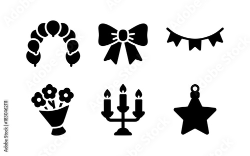 Silhouette icons of party decorations and festive elements