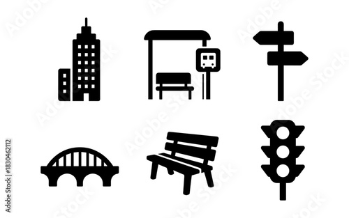 Urban infrastructure silhouettes: buildings, signs, and transport icons