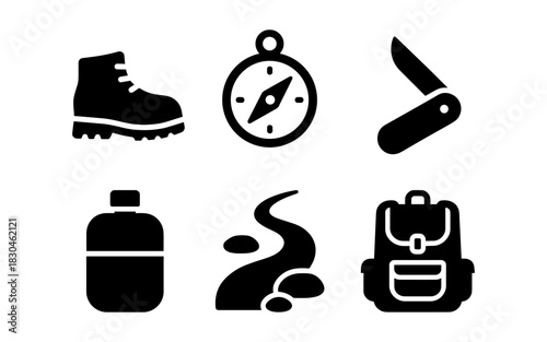 Outdoor adventure icons: hiking boot, compass, pocket knife, water bottle, trail, backpack