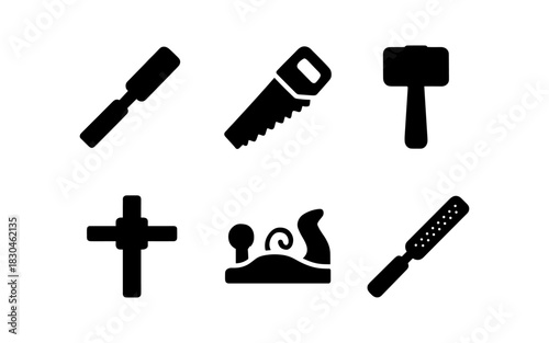 Essential woodworking tools silhouettes set in black icons for craftsmanship and carpentry