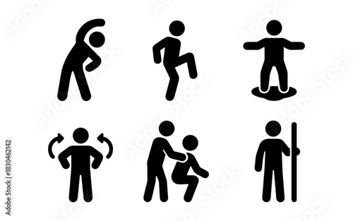 Simple silhouette icons of exercise poses for fitness and workout design