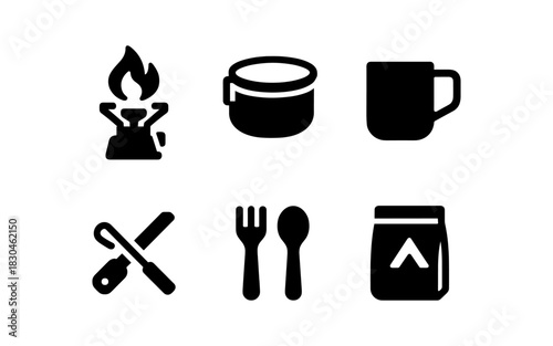 Camping essentials: silhouette icons of stove, mug, and cooking tools