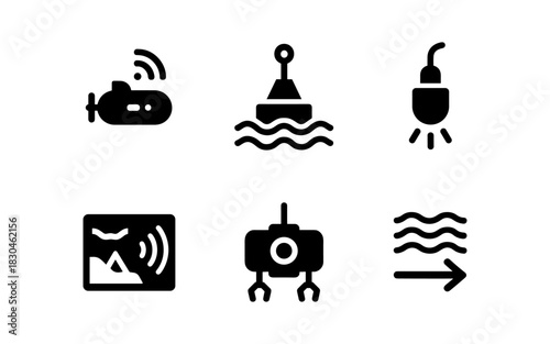 Underwater exploration icons: submarine, buoy, light, sonar, autonomous drone