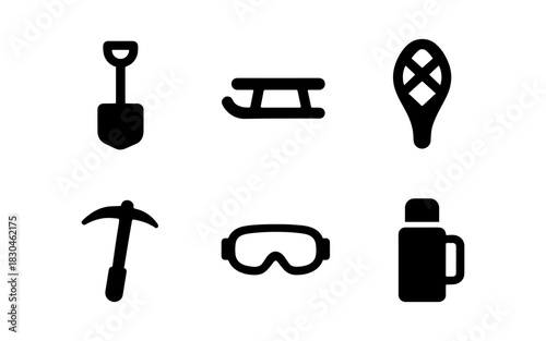 Winter activity icons: shovel, sled, snowshoe, ice axe, goggles, thermos