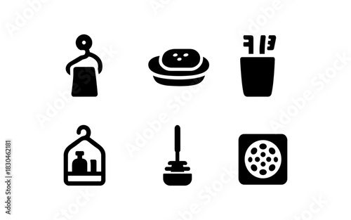 Minimalist bathroom icons: towels, soap, toothbrushes, shampoo, plunger, drain
