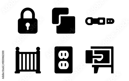 Set of minimalist security and safety icons in black silhouette style
